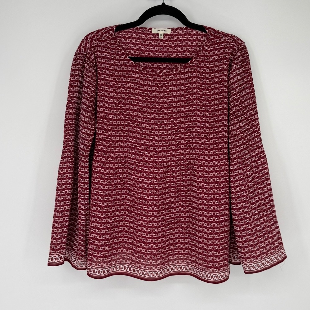 Max Studio Shirt Women Medium Red Burgundy Heart Oversized Tunic Holiday Elegant